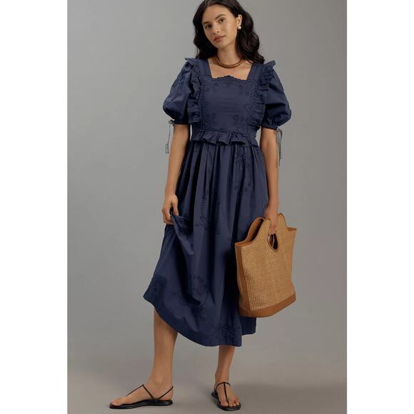 New Anthropologie Damson Madder Blue Cotton Midi Dress - Size 12 - Picture 1 of 4